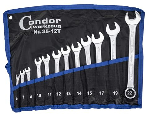 CONDOR Werkzeug 35-12T | Gabel-Ringschlüssel-Satz | 12-tlg. | Chrom-Vanadium-Stahl verchromt | 6-22 mm | Maulschlüssel Satz Ratschenschlüssel Set Profi Werkzeug für Werkstatt und Heimwerker