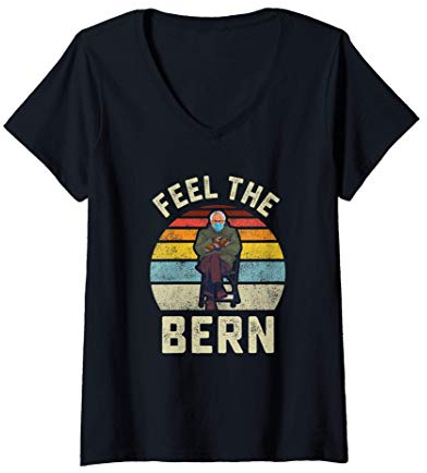 Damen Fühlen Sie die Bern Bernie Sanders Handschuhe Lustige Meme T-Shirt mit V-Ausschnitt