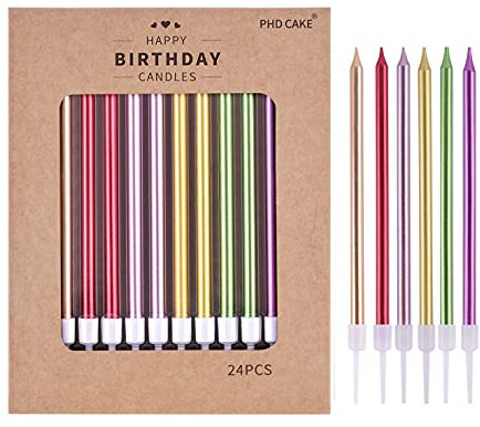 PHD CAKE Candele colorate lunghe e sottili metallizzate di compleanno, oro champagne oro rosa verde rosso viola, candele per torte, feste di compleanno, decorazioni di nozze, candele per feste