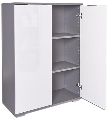 Büroschrank Ordnerschrank Aktenschrank Schrank B 80,2 cm x H 109,5 cm x T 35 cm Bücherschrank Mehrzweckschrank Büromöbel klein, Grau/Hochglanz Weiß