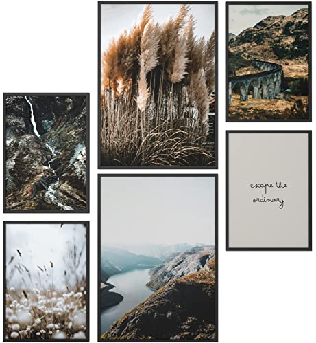 Papierschmiede® Mood Poster Set Rocks and Rivers, Gerahmte Bilder (Rahmen: Material und Farbe wählbar), Wohnzimmer Deko Schlafzimmer, 2x A4 und 4x A5, Pampasgras Fluss Berge Wald grün