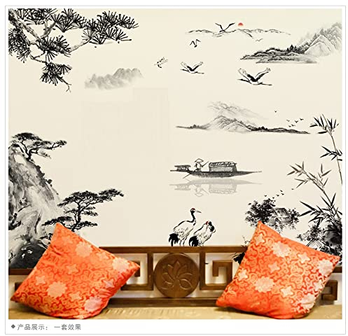 COVPAW® Wandtattoo Wandaufkleber XXL Landschaft Berg Kiefer Chinesische Malerei Gemälde Wandsticker Wandbild Bilder Wohnzimmer Schlafzimmer Deco