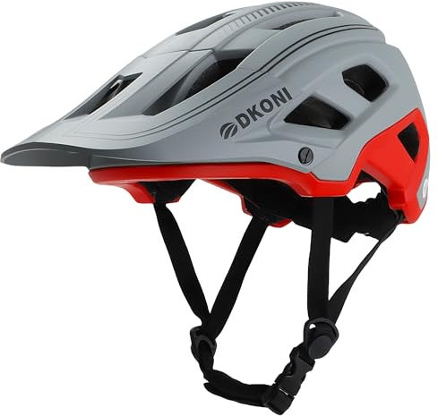 DKONI MTB Mountain Bike Helmet for Youth and Adults, Unisex, Lightweight, Adjustable Fit 54-61cm, Removable Visor and Liners, 17 Large Air Vents (Gray Red)