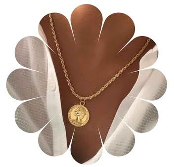 Allereya Boho Coin Médaillon Collier Tête d'or Pendentif Pièce de Monnaie Rétro Disque Collier Ras du Cou Vintage Portrait Coin Colliers Twist Chaîne Collier Bijoux pour Femmes et Filles