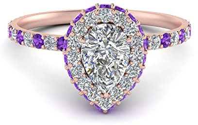 CaratYogi Pave Rollover Pear Halo Engagement Ring Rose Gold Plated Natural Amethyst Pear Shape Purple Color Side Stone Engagement Rings Prong Setting in Size Z1 Fashion Jewelry RGPR-D1504-PEAR-AME-Z1