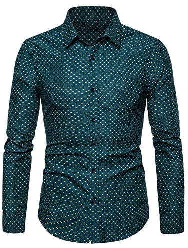 Herren Langarm-Shirt Fashion Floral Slim Shirt Hemd Langarm Herren Blau (XXL,Grün)