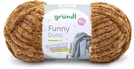 Gründl Wolle Funny Dots Strick- & Häkelgarn (weiches samtartiges Chenille-Garn aus 100% Polyester, 1 x 150 g / 60 m, Nadelstärke: 9-10), honiggelb-ocker-rotbraun