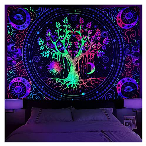 Varnmrop Schwarzlicht Mond und Sonne Wandteppich UV-reaktives Tapisserie,Baum des Lebens Wandteppich für Wohnzimmer, Schlafzimmer, Wohnheim, Heimdekoration