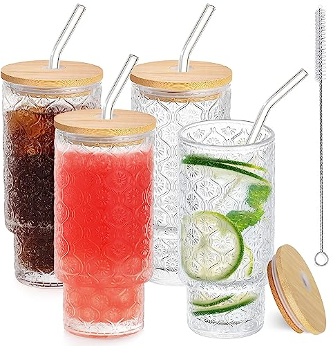Anhow Vasos de CóCtel de 350 ml con Tapas de Bambú y Pajita de Cristal, Juego de 4 Vasos Largos para CóCteles, Whisky, Cerveza, Café Helado, Refrescos, Zumos, Té