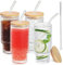 Anhow 4er Cocktail Gläser Set, 350ml Blume Longdrinkgläser mit Deckel, Eiskaffee Gläser mit 4 Strohhalm/ 1 Bürsten für Wasser, Cocktails, Saft - Transparent