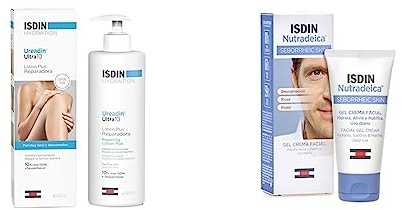 ISDIN Ureadin Ultra 10 Lotion Plus (400ml) | Feuchtigkeitsspendende Repair-Lotion für sehr trockene und schuppige Haut & Nutradeica Gel-Creme für das Gesicht | Seborrhoische Gesichtshaut | 50ml
