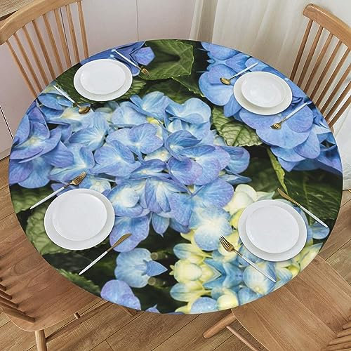 Delerain Blue Hydrangea Round Fitted Tablecloth, Waterproof Round Table Cloth with Elastic Edged Washable Table Cover for Indoor Outdoor Fits 45-50 Tables, Medium