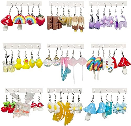 GIFIKOI 30–40 Paar seltsame süße lustige Ohrringe Gummibärchen Ente Pilz Obst Blumen Tropfen baumeln Ohrringe für Frauen Ästhetische Ohrringe Lebensmittel Tier Ohrringe Bulk, Acryl, Zirkonia