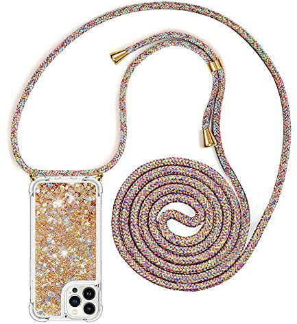 YuhooTech Collier pour iPhone 15 Pro Max Coque Glitter Quicksands étui de téléphone avec Cordon, Tour de Cou Lanière en Corde Housse pour Smartphone Lanyard Case - Cover Necklace Stylée