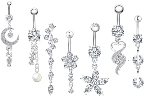 7 Stücke 14G 316L Chirurgenstahl Bauchnabelpiercing Set mit Zirkonia Bauchnabelring Gebogener mit Anhänger Körperschmuck Barbells für Frauen Mädchen