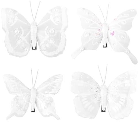 Christmas 8 Pack White Clip on Feather Butterflies with Glitter Tree Decoration