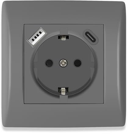 BSEED Schuko Steckdose mit USB/TYPE C Port, USB Steckdose Unterputz mit Steckklemme, PC Rahmen Einbausteckdose mit USB C Unterputz, Schutzkontakt Wandsteckdose Grau 16Amp für Handy, Pad usw.- 80mm