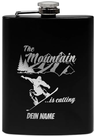 PR Print Royal Flachmann mit Gravur aus Edelstahl selbst gestalten - The Mountain is Calling! - mit Name gravieren - Geschenk Wandern Skifahren - Praktische Taschengröße | Schwarz, 226 ml