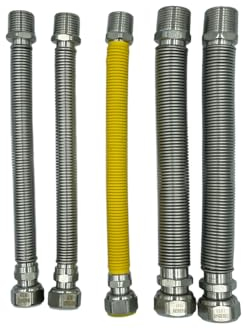 Kit per installazione caldaia tubi flessibili estensibili acciaio inox 220-420mm completo di n°1 pz 1/2 mf gas, n°2pz 1/2 mf acqua, n°2pz 3/4mf acqua completo di guarnizioni