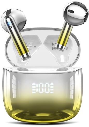 Wireless Earbuds Bluetooth 5.3 Headphones with 4 Mic HiFi Stereo Sound, Wireless Headphones with Dual LED Display Touch Control, 40H Playtime Bluetooth Earphones IP7 Waterproof, Yellow