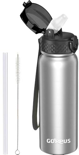 GOPPUS Botella de Agua de Acero Inoxidable de 600ml/20oz con Pajita, Botella Deportiva Aislada de Metal Abatibles de Doble pared, Termo Frío a Prueba de Fugas para Deportes de Gimnasio