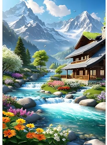 DPHERO DIY Schneeberg Diamant Painting Bilder für Erwachsene Anfänger,5D Blumen Diamond Painting Set,DIY Runde Steine Landschaft Diamant Kunst Kits,Haus Diamant Painting für Zuhause Dekor 30x40 cm