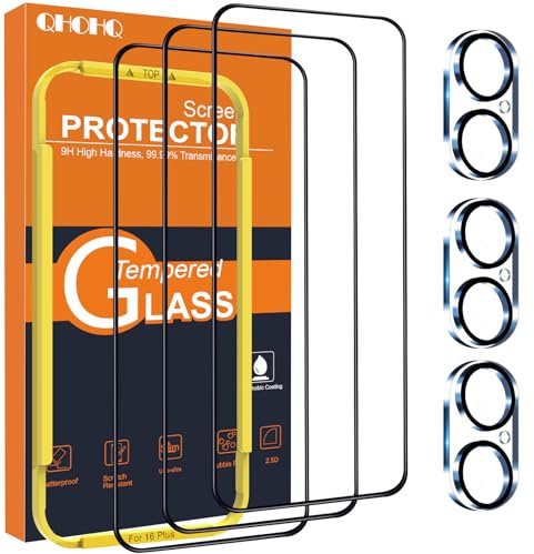 QHOHQ für iPhone 16 Plus für Panzerglas mit Kamera Schutzfolie, Militärstandard Schutz, [Full Screen], Ultra Top 9H+ Glas Folie, Anti-Fingerabdruck, Anti-Kratzer, mit Installationshilfe [3+3 Stück]