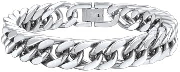 FaithHeart Pulsera Acero Inoxidable Hombre Pulsera Cadena Ancha Cubana 12mm 23cm Pulsera Simple Plateado Mano Muñeca Regalo Cumpleaños