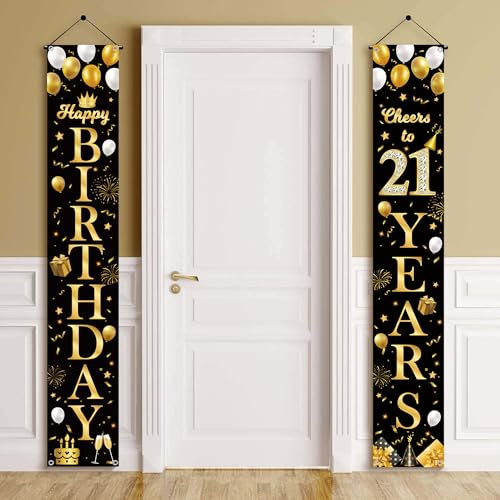 21st Birthday Decorations Door Banner - Black Gold Happy 21st Birthday Party Decoration Door Porch Sign Banners Backdrop for Women Men 21 Years Old Party Indoor Outdoor Decor Supplies