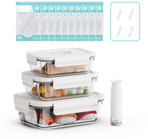 Annalocker Vacu One Touch Eco-Set, Handvakuumierer inkl. Vakuum Starterset Vorratsdosen Glas 3er Set, mit deckel Vorratsbehälterset-luftdicht mikrowellengeschirr BPA-frei （L）