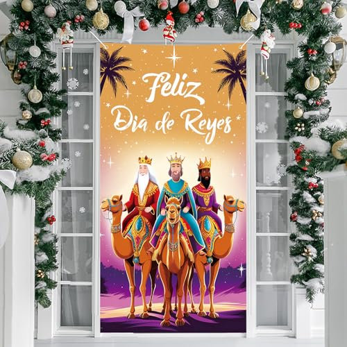LUYANFX Decoración Navidad Puerta Día Los Reyes Magos, Decoración Feliz Diade Reyes Entrada Exterior Interior Casa, Tela Cortina Cubierta Pancarta Cartel Telón Fondo Fotos