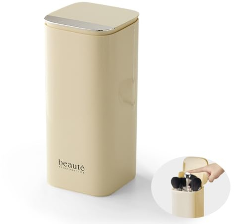 DASITON Organizer Trucchi con Coperchio per Pennelli Make up a 4 Scomparti, Organizer Cosmetici con Sollevamento Automatico, Porta Trucchi Organizer per Bagno Impermeabile e Antipolvere (Crema)