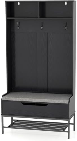 GIANTEX Appendiabiti con Panca Integrata, 3 Ganci + 2 Cubi Portascarpe & Ripiano Nascosto, Armadio Ingresso Multifunzionale 90x38x170cm, Design Elegante per Corridoio e Soggiorno, Facile Assemblaggio