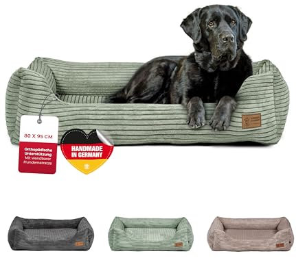 HS-Hundebett® Kuschelbett Deluxe Cord L (80x95 cm) – Orthopädisches Hundebett Grün für große Hunde – Memory Foam, waschbar, rutschfest – Made in Germany