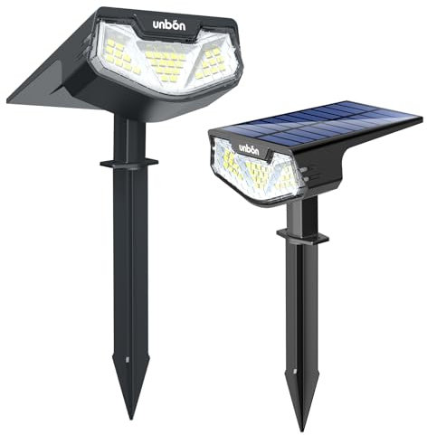 UNBON Spot Solaire Exterieur, Lot de 2 Lampe Solaire Exterieur Jardin Puissante, Lumiere Solaire Exterieur avec 3 Modes, Éclairage Exterieur Solaire Étanche IP65 pour Jardin Allée Chemin Blanc Froid