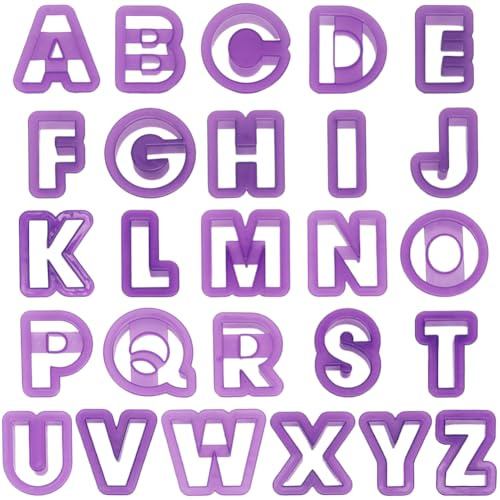 SUNNYCLUE 26 Stück 26 Stile Polymer Ton Alphabet Formen Buchstaben Ton Ausstecher Lila Kunststoff Schneiden von A Bis Z Form Design Ohrringe Ausstecher Werkzeugset Für Schmuckherstellung DIY Basteln K