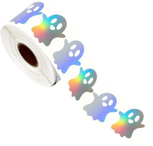 HiyyFloy 500 Stück Halloween-Geist-holografische Aufkleber, Rolle, Silber, Ghost, Schillernd, Wasserdicht, Selbstklebend, Aufkleber Für Umschläge, Tagebücher, Dekoration, Partyzubehör