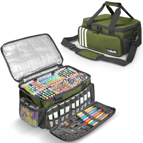 ORKELS Paint and Marker Organizer, Acrylic Paint Storage Bag with Brush and Bottle Holders, Large Marker Carrying Case for Artists, Up to 216 markers or 54 bottles of 2oz acrylic paint (Green)