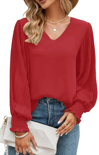 Odosalii Womens Tops Pleated Lantern Sleeve V-Neck Shirts Elegant Blouse | Solid Color Long Sleeve Smart Top UK Loose Casual Chiffon Blouses Work Tunic Evening Party Going Out Modest Dressy Clothes