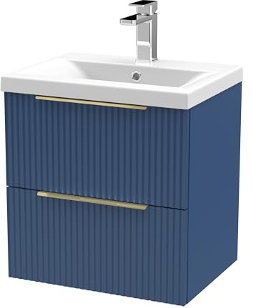 Balterley Vanity Unit with Basin Wall Hung, 2 Drawer Soft Close with Mid Edge Sink and Handles, Bathroom Vanity Units with Basin, Fluted Front Sink Cabinet - 510 x 390 x 540mm (Blue)
