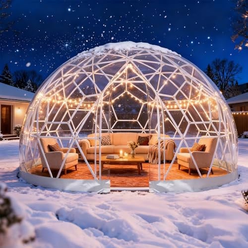 Gewächshaus Gartenkuppel Iglu,Gartenkuppel TPU Blasenzelt, Wetterfest Gartenblasenzelt, Durchsichtiges Kuppelzelt für Hinterhof, Party, Weihnachten, Hochzeiten (Weiß, 360cm x 220cm)