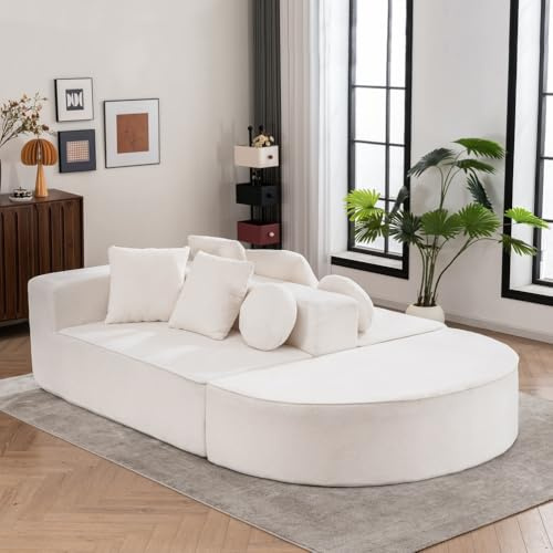 WENNEWU Modernes Modulares Sofa-Set, Ecksofa Mit Schlaffunktion, Kissenloses, Weiches Stoffsofa, Hautfreundlicher Chenille-Stoff, Minimalistisches Design, Kompaktsofa, FüRs Wohnzimmer,Weiß