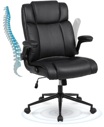 YERAIRR Executive Office Chair with Thicken Flip-up Armrest, Ergonomic Home Office Desk Chair with Lumbar Support, Upholstered Leather Mid-Back Computer Gaming Chair for Home/Office, Black