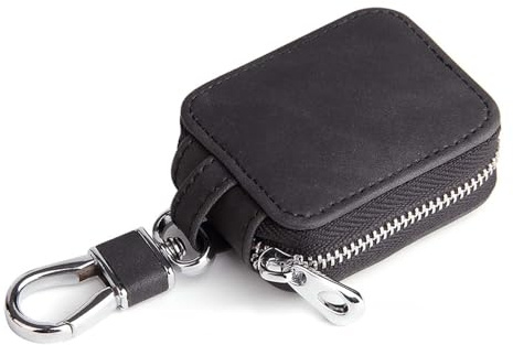 Xiciki Kopfhörer Tasche Case, Hartschalen-Etui aus Kunstleder für AirPods Pro/3/2, Universeller Schutz für Autoschlüssel mit Metall-Reißverschluss-Karabiner(Schwarz)