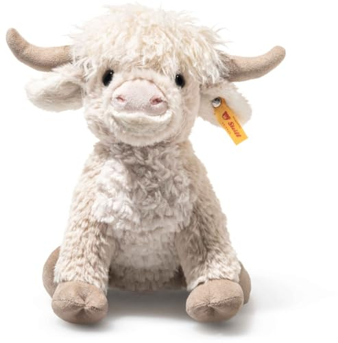 Steiff Harper Hochland Kuh 24cm, Highland Cow Kuscheltier, Plüschkuh Stofftier, beiges Hochlandrind Plüschtier, sitzend, waschmaschinenfest