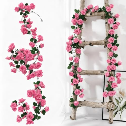 Qivra 2 Piezas Guirnalda de Flores Artificial Fucsia, 1.8 Metros Rosas Artificiales Realistas, 138 Rosas Guirnalda Floral para Decoración de Bodas, Mesa, Fiestas, Jardín