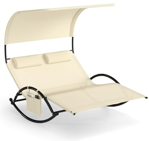 COSTWAY Tumbona Doble Jardin Exterior con Toldo, Tumbona Mecedora con 2 Reposacabezas Desmontables, Chaise Lounge Doble Textilene Jardín Patio, Marco de Metal (Beige,Bolsillo)