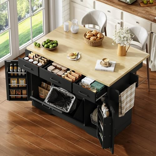 EURHCIO Desserte Cuisine 120×45-70x87cm,Îlot Central Cuisine,Buffet Salles a Manger avec Emplacement pour Poubelle,3 Tiroirs,2 Rangements de Porte,Plan de Travail Pliable,pour Cuisines(D-Noir)