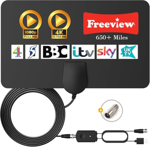 TV Aerial - Digital TV Aerial Indoor - 650+ Miles Long Range Amplified HD TV Antenna for Freeview 4K 1080P Local Channels with Booster & 16.4 ft Coax Cable (Jet black)