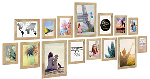 PHOTOLINI Bilderrahmen Set Holz, Fotorahmen Holz Echtholz, 15er Bilderrahmenset Wand Collage, photo frames for wall mit Acrylglas aufhängen, Eiche Bilderrahmen Set verschiedene Größen mit Zubehör